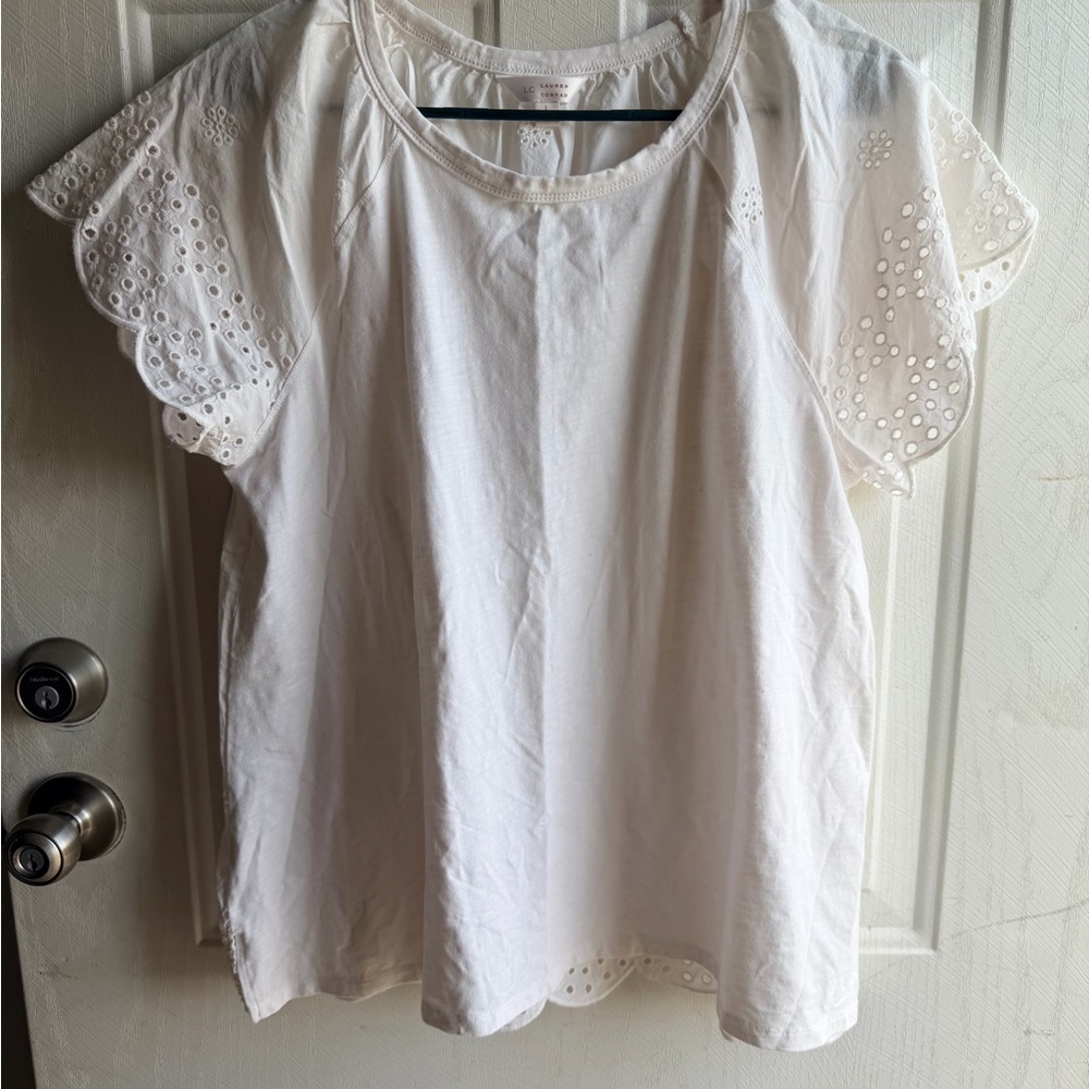 LC Lauren Conrad White Eyelet Scallop Flutter Sleeve Blouse